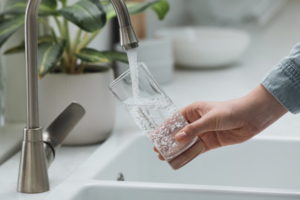 Close up of someone filling their glass with tap water