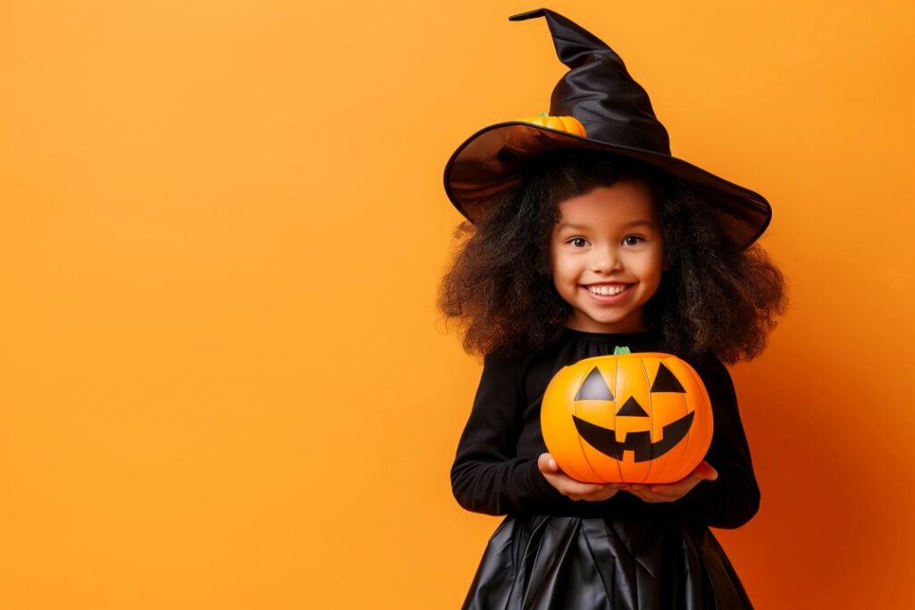 A little girl dressed as a witch for Halloween.